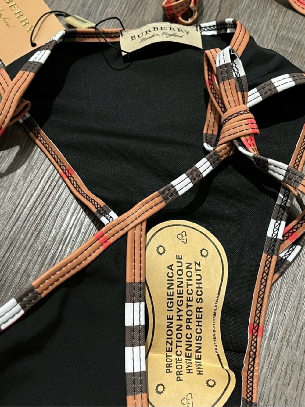 Classic Burberry Plaid Trim Logo Black Triangle Halter Brown Bikini 2-Piece Set - Picture 6 of 7